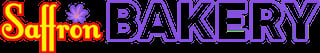 Saffron Bakery logo with orange and purple text on dark background